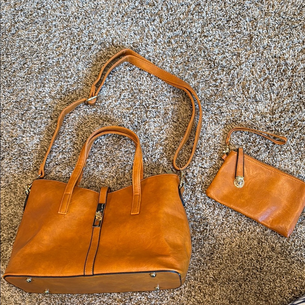 Tan faux Leather Tote Bag Set